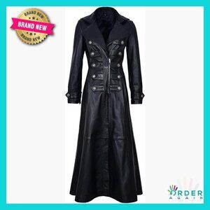 Genuine Leather Trench Coat Full Length Gothic Rock Style Double Breasted